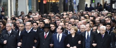 Staged photo of world leaders at Charlie Hebdo demonstration, Paris
